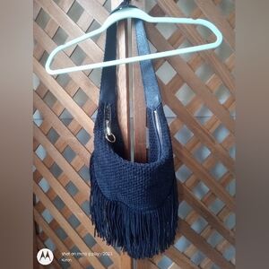 NEW Elizabeth James navy blue braided suede shoulder bag with fringe